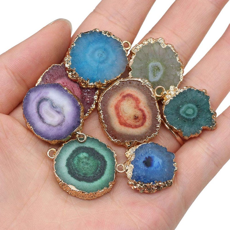 LHJ 5PCS Natural Agate Sheet Pendants - Irregular Round Mixed Color Gemstone Stone Pendants for Jewelry Making - Image 3